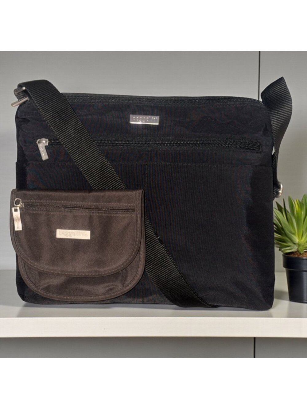 Baggallini Set Large Zipper Bag Mini Belt Pouch Black Nylon Crossbody Organizer